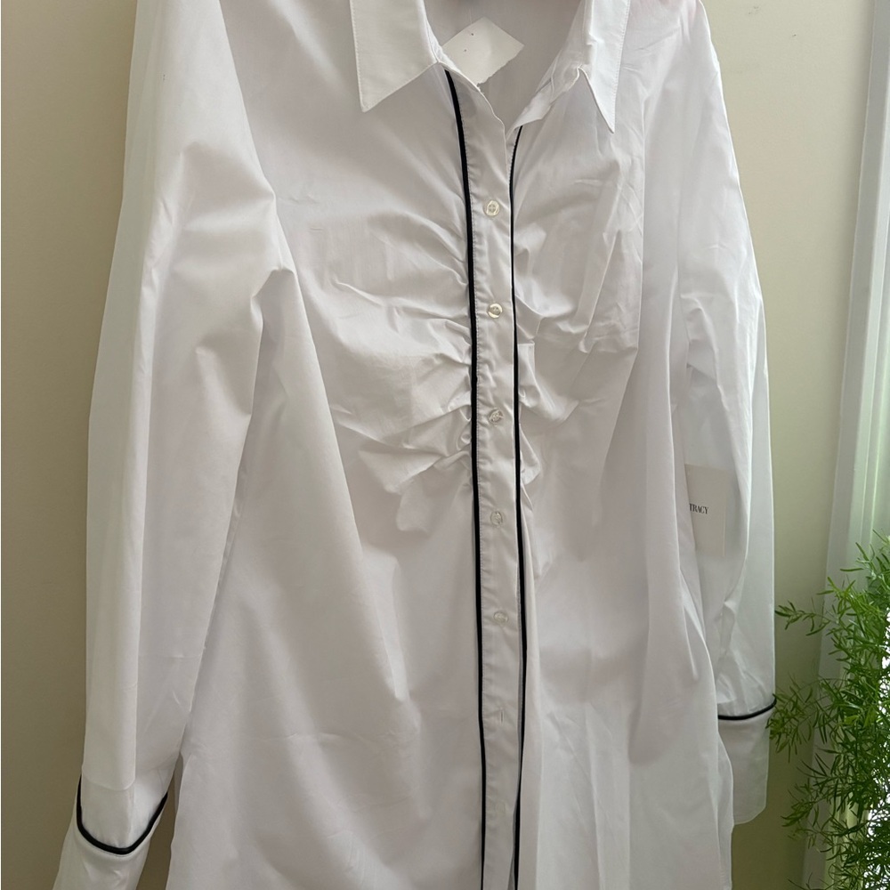 Ellen Tracy White Cotton Button-Down Shirt with Black Piping